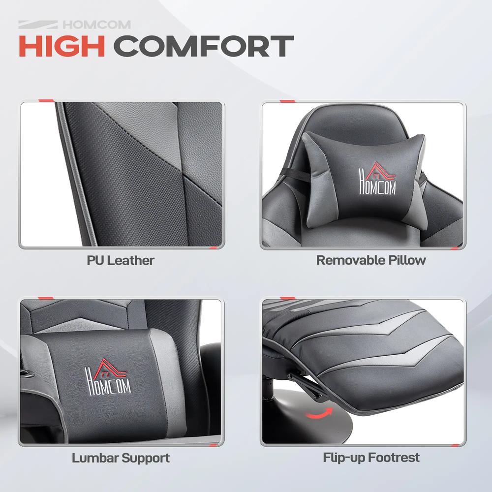 HOMCOM Small Leather Massage Recliner Chair with Ergonomic High Back Retractable Footrest Headrest Work Break Grey Additional View 6