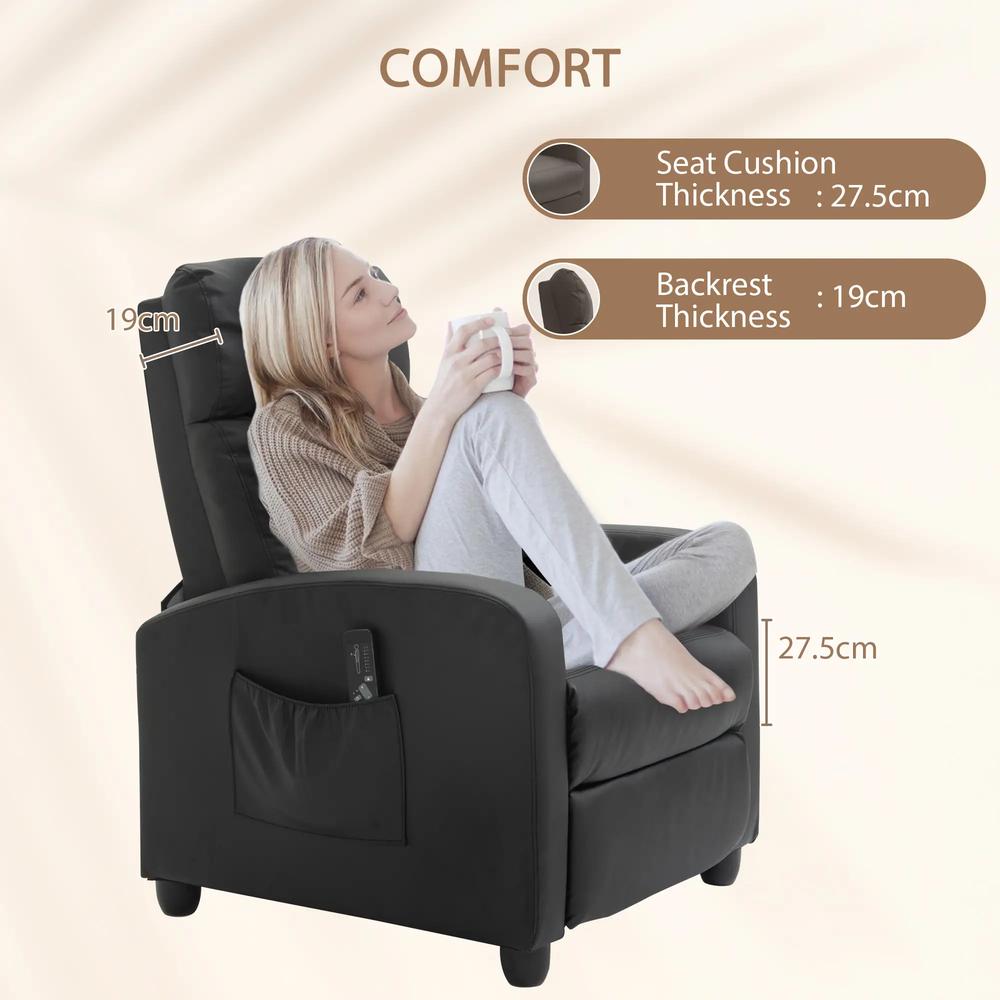HOMCOM Massage Recliner Armchair with 150&deg; Recline, Faux Leather, Side Pocket, Black Additional View 7