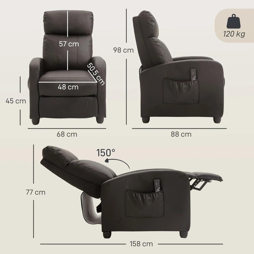 HOMCOM Recliner Armchair, Massage Faux Leather Push Back Reclining Chair with Adjustable Leg Rest, Side Pocket, for Home Living Room Theatre Additional View 3