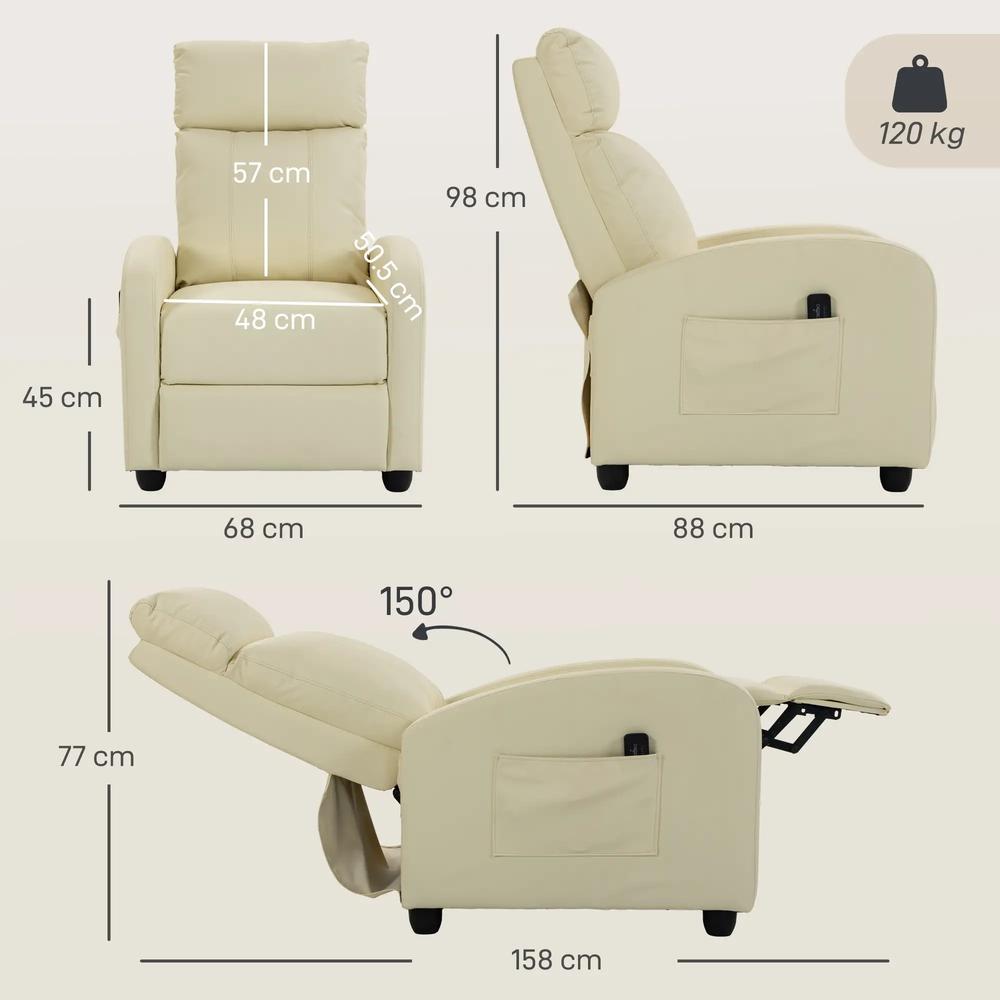 HOMCOM Recliner Armchair, Massage Faux Leather Push Back Reclining Chair with Adjustable Leg Rest, Side Pocket Additional View 3