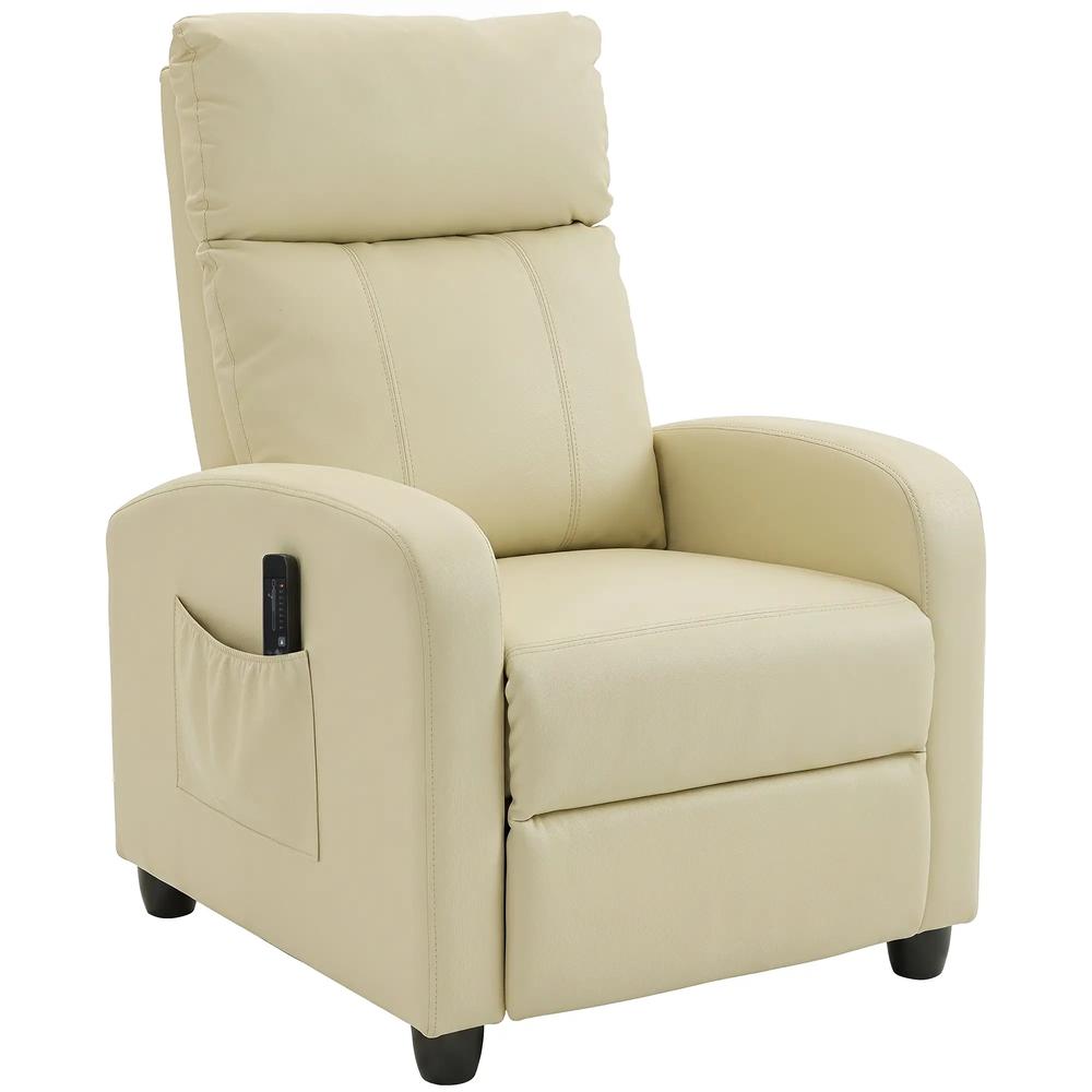 HOMCOM Recliner Armchair, Massage Faux Leather Push Back Reclining Chair with Adjustable Leg Rest, Side Pocket
