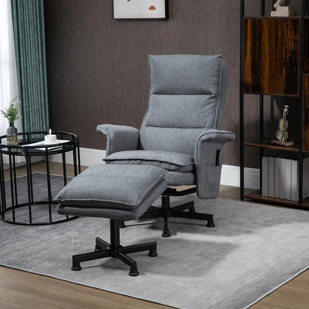 HOMCOM Swivel Recliner Chair and Footstool, Upholstered Massage Recliner Armchair with Remote Control, Timer and Steel Base, Grey Additional View 2