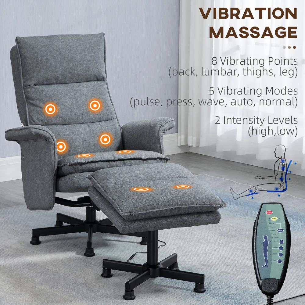 HOMCOM Swivel Recliner Chair and Footstool, Upholstered Massage Recliner Armchair with Remote Control, Timer and Steel Base, Grey Additional View 4