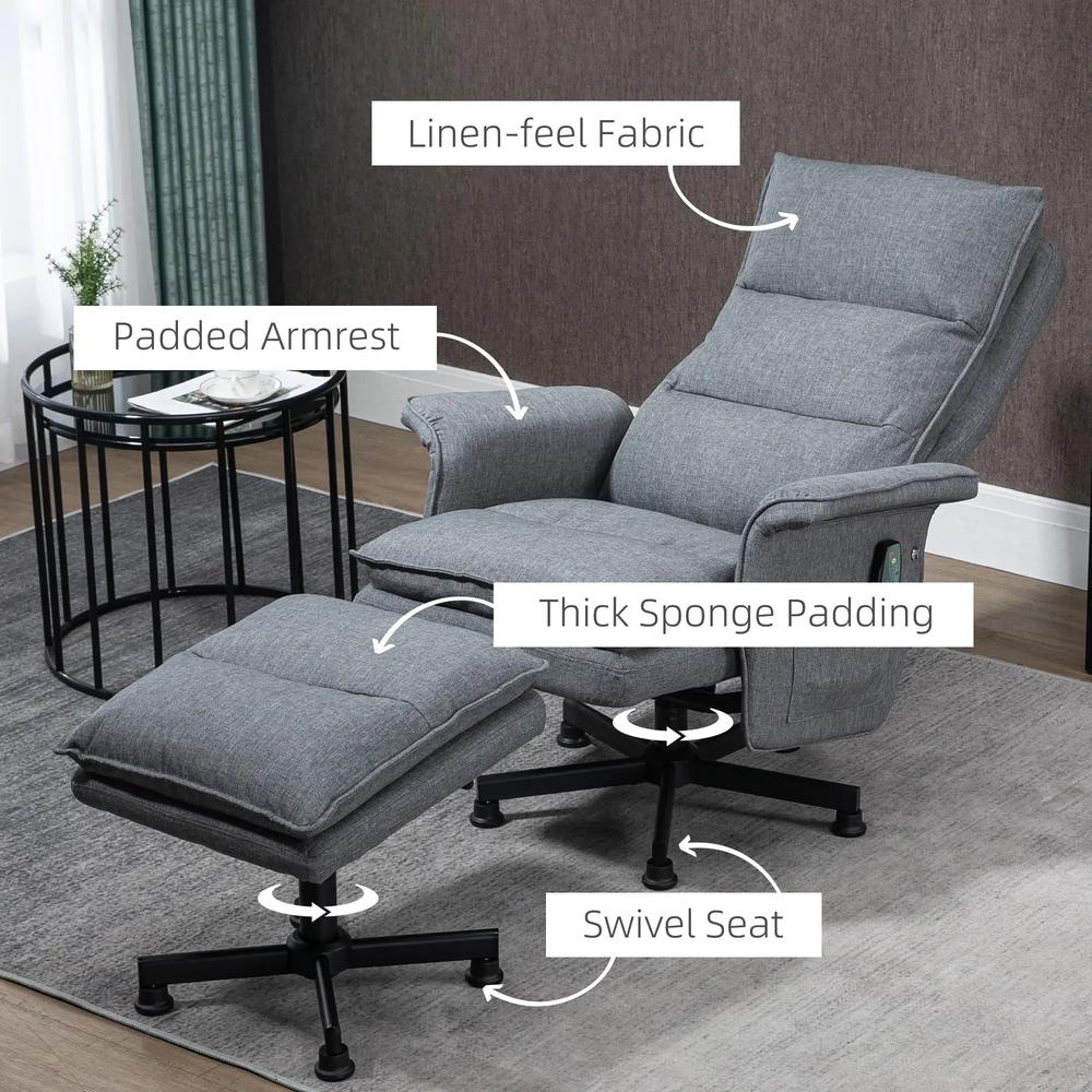 HOMCOM Swivel Recliner Chair and Footstool, Upholstered Massage Recliner Armchair with Remote Control, Timer and Steel Base, Grey Additional View 6