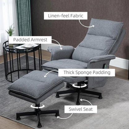 HOMCOM Swivel Recliner Chair and Footstool, Upholstered Massage Recliner Armchair with Remote Control, Timer and Steel Base, Grey Additional View 6