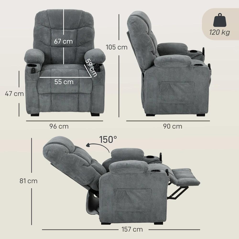 HOMCOM Recliner Armchair with Vibration Massage, Heat, Whisper-Quiet Motor, Memory Function, Power Reclining Chair, Dark Grey Additional View 3