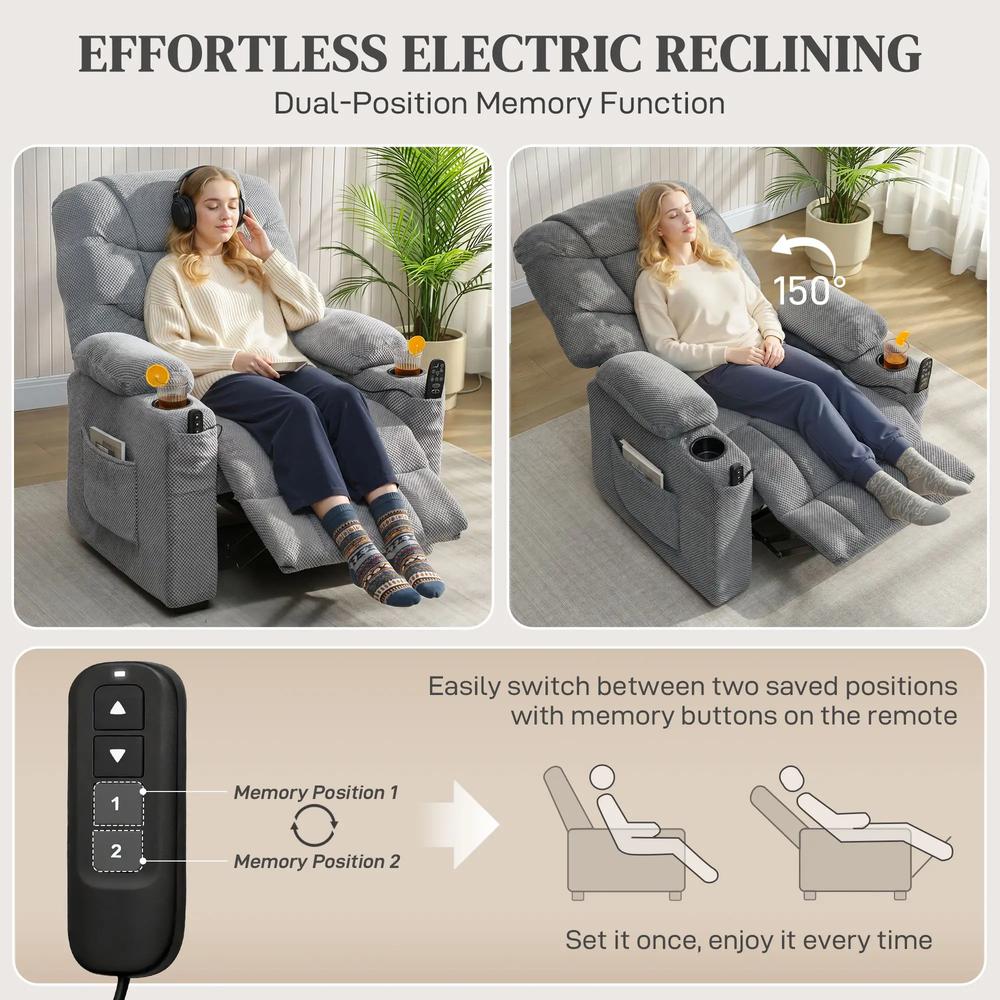 HOMCOM Recliner Armchair with Vibration Massage, Heat, Whisper-Quiet Motor, Memory Function, Power Reclining Chair, Dark Grey Additional View 4