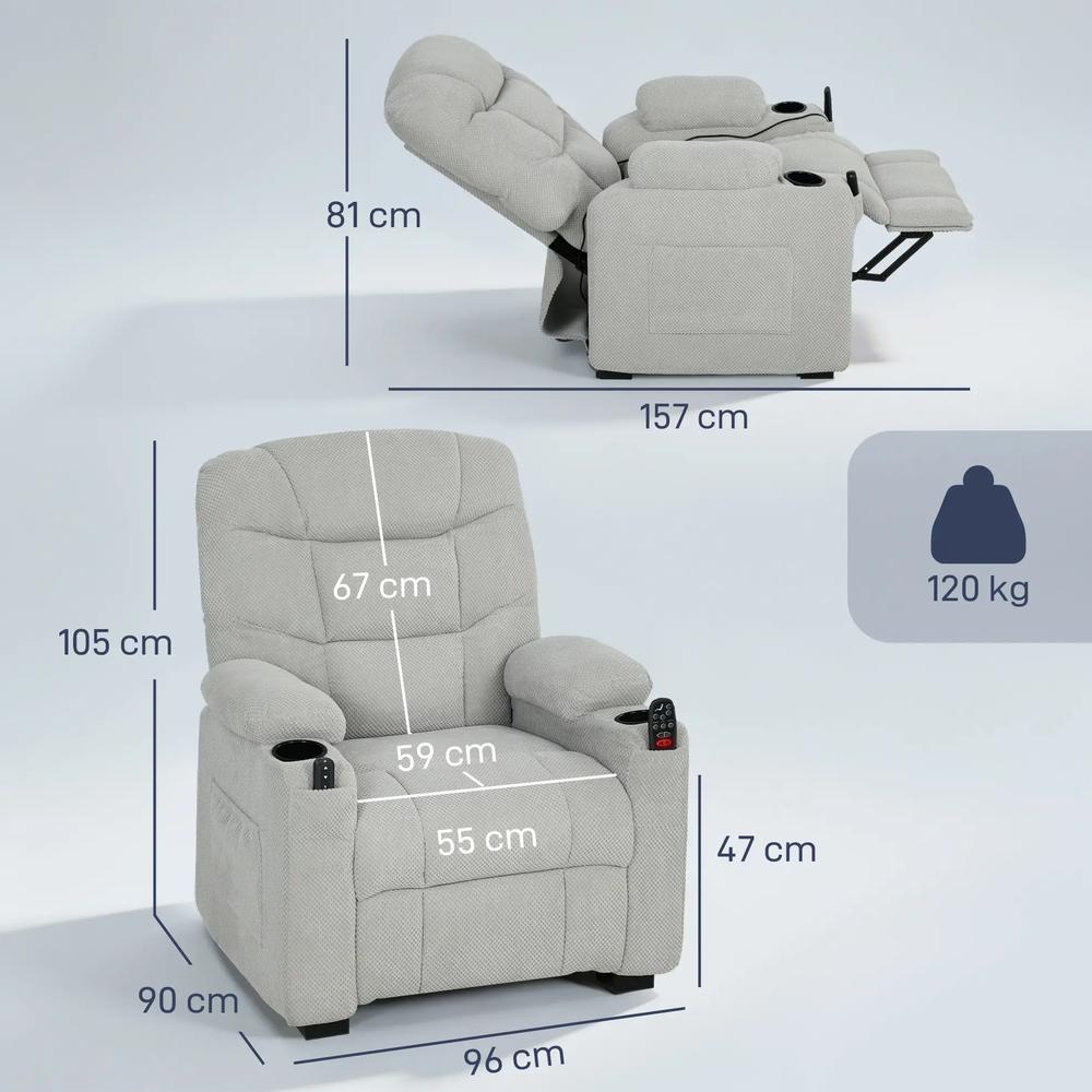 HOMCOM Electric Massage Recliner Armchair with Vibration, Heat, Whisper-Quiet Motor, Memory Function, Fleece Power Reclining Chair with Spring Pack, USB Port, Footrest Additional View 3