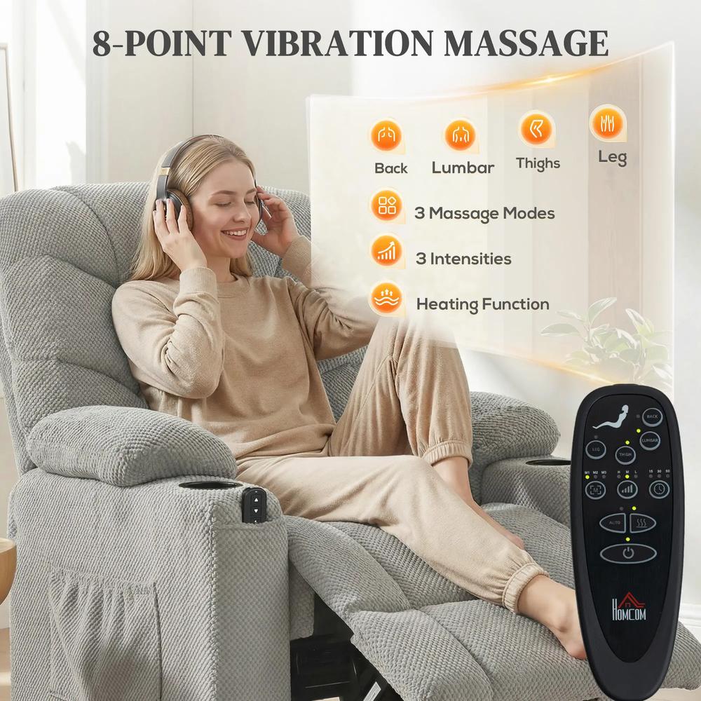 HOMCOM Electric Massage Recliner Armchair with Vibration, Heat, Whisper-Quiet Motor, Memory Function, Fleece Power Reclining Chair with Spring Pack, USB Port, Footrest Additional View 5