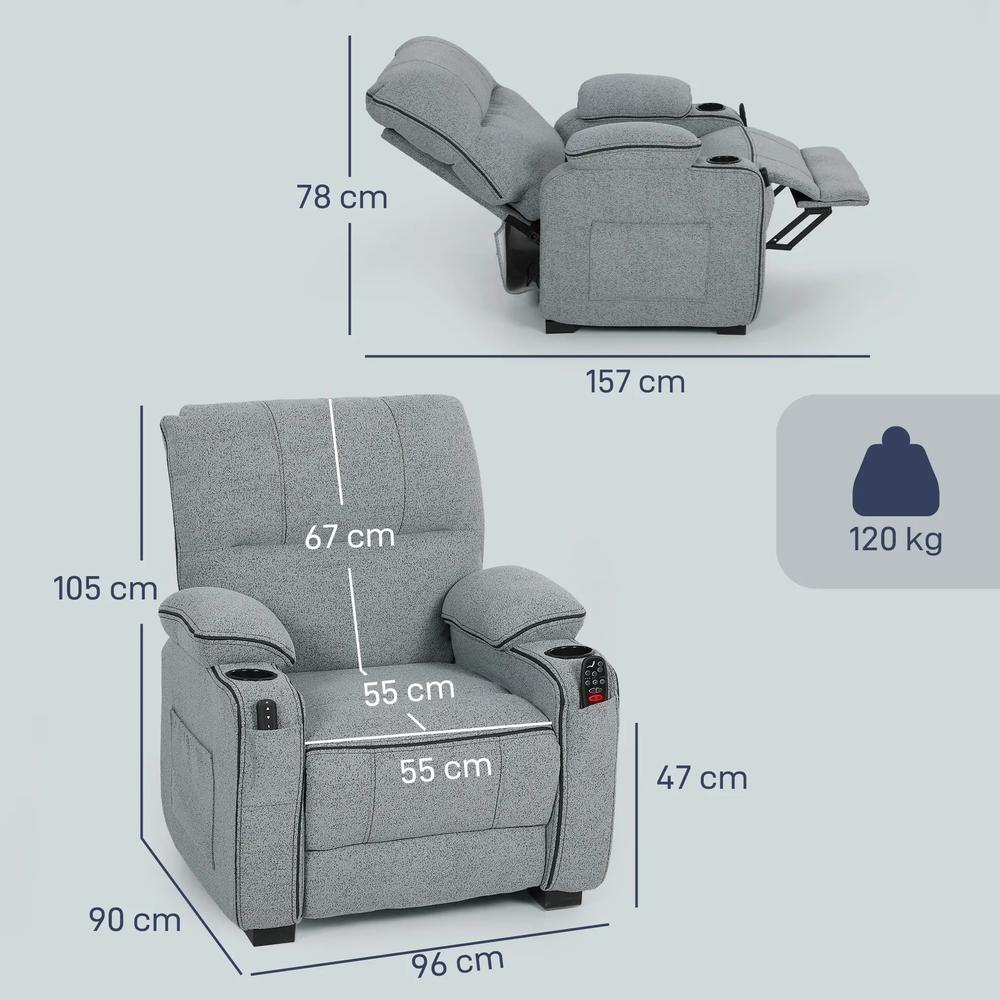 HOMCOM Electric Massage Recliner Armchair with Vibration, Heat, Memory Function, Velvet Power Reclining Chair with Spring Pack, USB Port, Footrest, Side Pockets, Cup Holders Additional View 3