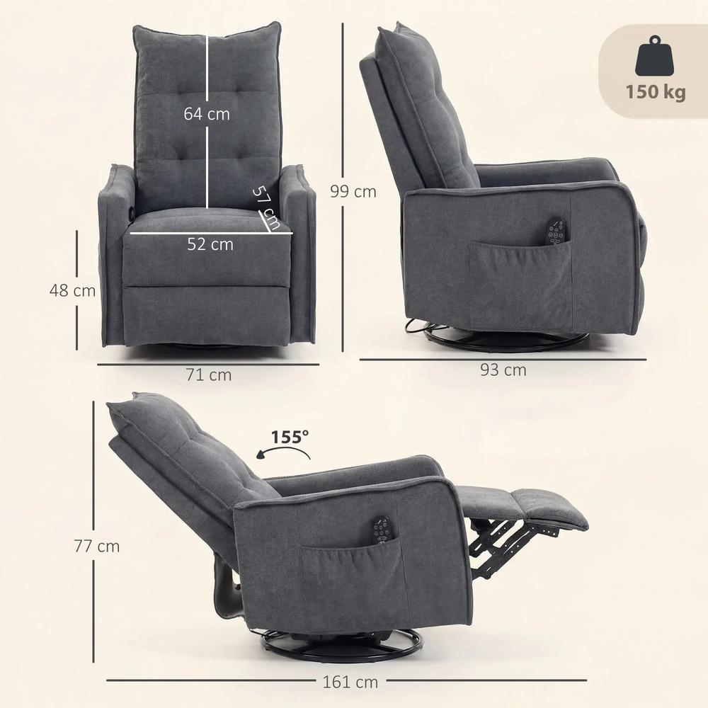 HOMCOM Recliner Armchair, Chenille Recliner Chair with Massage and Heat, 360&deg; Swivel Rocking Manual Recliner Additional View 3