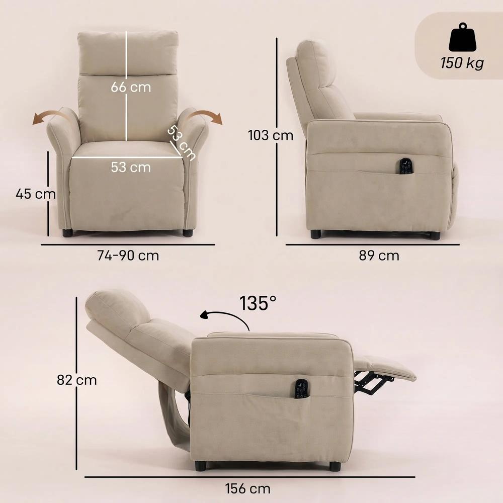 HOMCOM Recliner Armchair, Push Back Recliner Chair with Massage & Heat, Adjustable Armrests, Dual Side Pockets, Beige Additional View 3