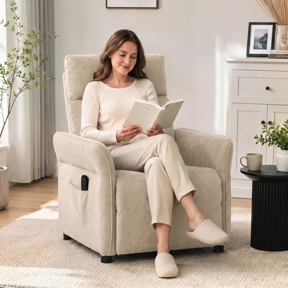 HOMCOM Recliner Armchair, Push Back Recliner Chair with Massage & Heat, Adjustable Armrests, Dual Side Pockets, Beige Additional View 8