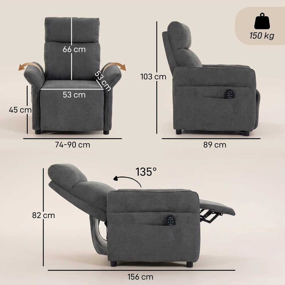 HOMCOM Recliner Armchair, Push Back Recliner Chair with Massage & Heat, Adjustable Armrests, Dual Side Pockets, Dark Grey Additional View 3