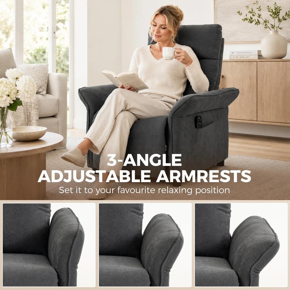 HOMCOM Recliner Armchair, Push Back Recliner Chair with Massage & Heat, Adjustable Armrests, Dual Side Pockets, Dark Grey Additional View 5