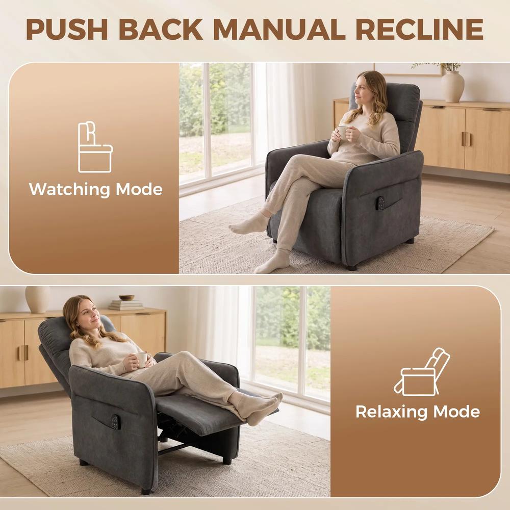 HOMCOM Recliner Armchair, Push Back Recliner Chair with Massage & Heat, Adjustable Armrests, Dual Side Pockets, Dark Grey Additional View 6