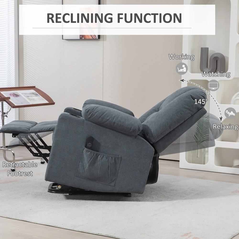 HOMCOM Oversized Riser and Recliner Chairs for the Elderly, Fabric Upholstered Lift Chair for Living Room with Remote Control, Side Pockets, Cup Holder, Grey Additional View 5