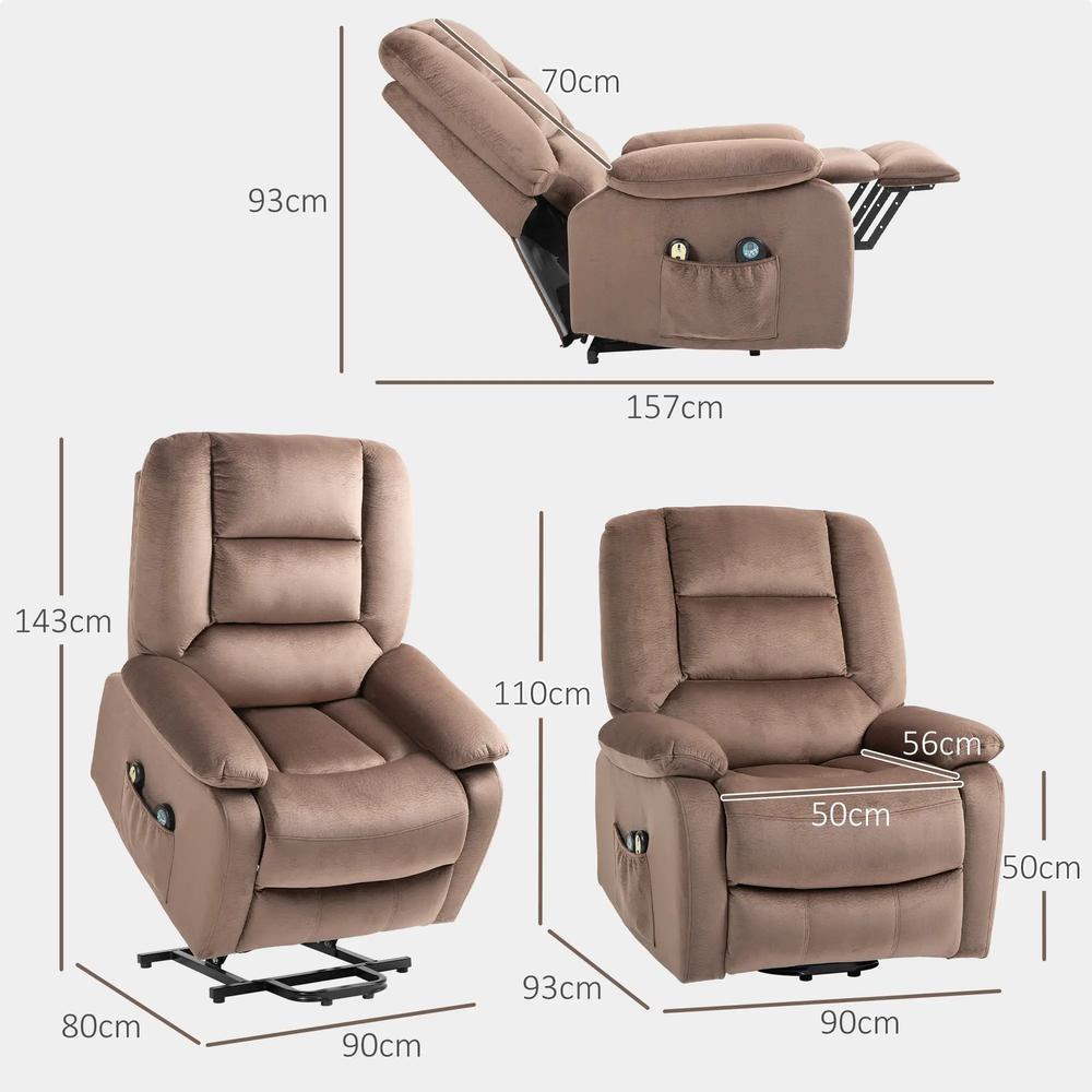 HOMCOM Velvet-Feel Electric Lift-and-Recline Massage Armchair, with Remote - Brown Additional View 3