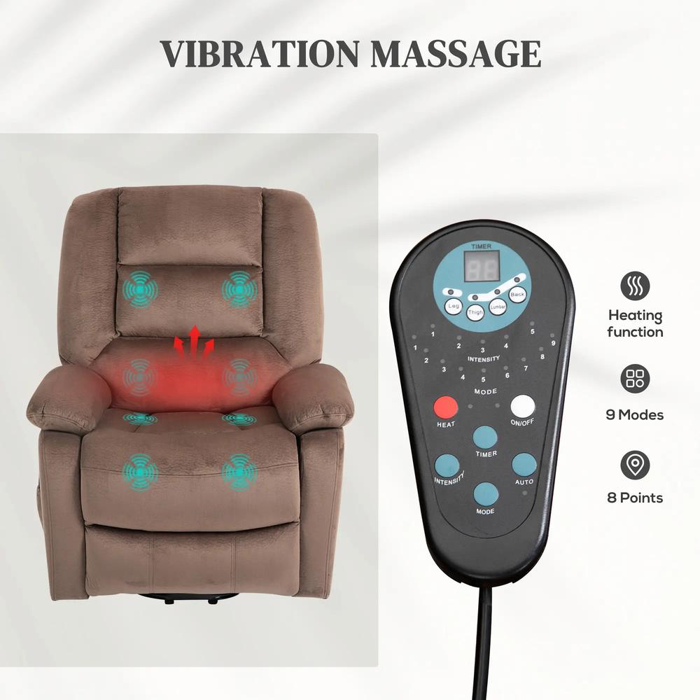HOMCOM Velvet-Feel Electric Lift-and-Recline Massage Armchair, with Remote - Brown Additional View 5
