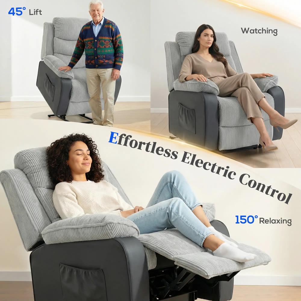 HOMCOM Power Lift Chair for Elderly, Corduroy Recliner with Wide Seat, High Back, USB Port, Side Pockets, Light Grey Additional View 4