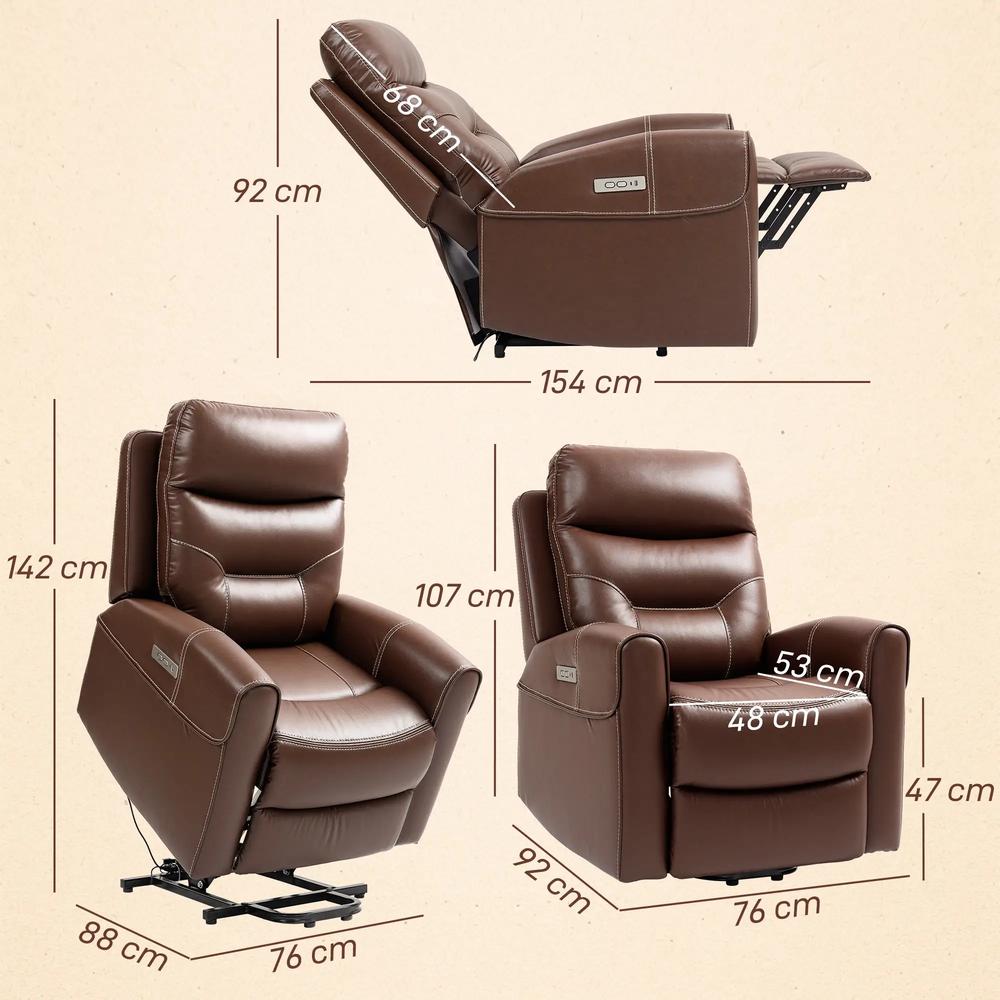 HOMCOM Power Lift Recliner Chair for Elderly, Overstuffed Faux Leather Riser and Reclining Chair with USB A+C Ports, Recliner Armchair for Living Room Additional View 14