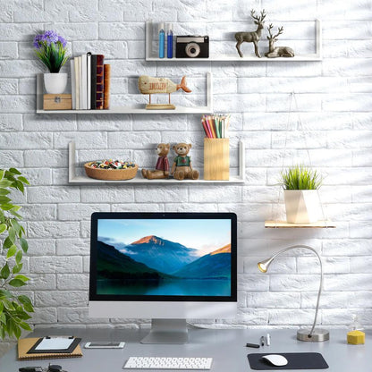 HOMCOM Set of 3 Wooden U-Shaped Floating Shelves Set, 80cm Wall Mounted Hanging Bookshelf, CD DVD Storage Display for Bedroom Living Room Kitchen, White Additional View 8