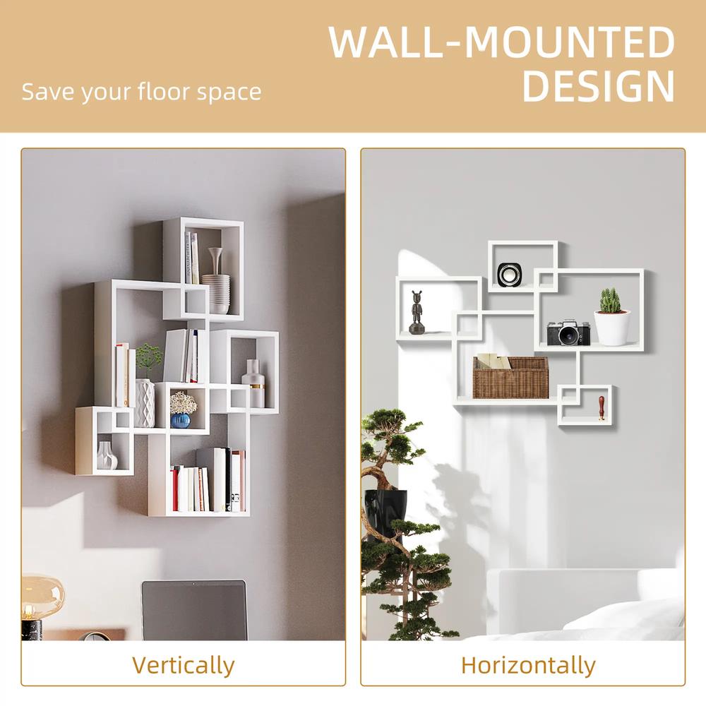 HOMCOM Floating Shelves, Wall Mounted Interlocking Cube Shelves, Display Wall Shelf for Living Room, Bedroom, Hallways, White Additional View 4