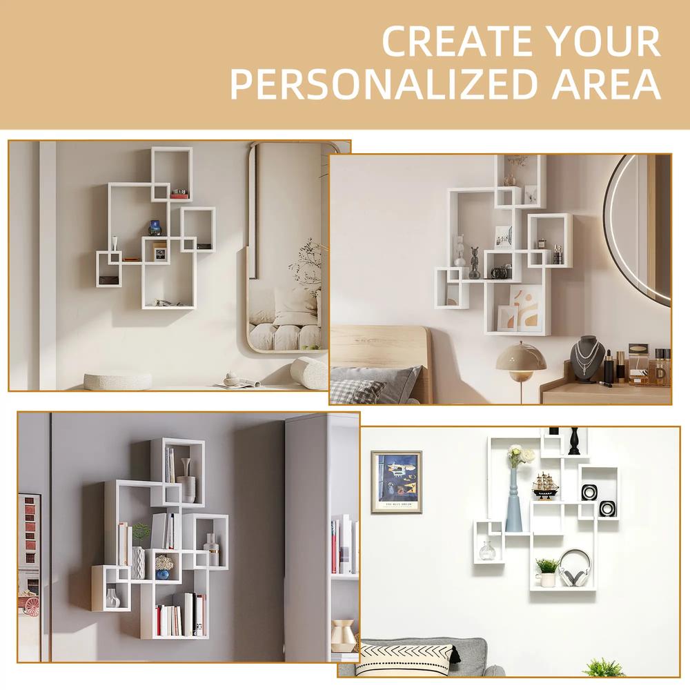 HOMCOM Floating Shelves, Wall Mounted Interlocking Cube Shelves, Display Wall Shelf for Living Room, Bedroom, Hallways, White Additional View 7