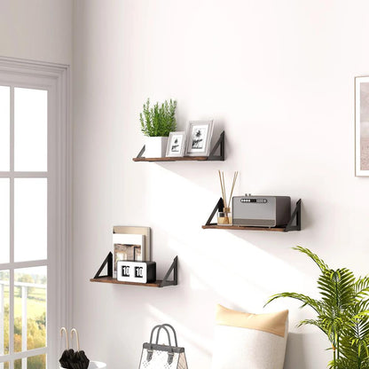 HOMCOM Set of 3 Wall Shelves, 43cm Vintage Wall Mounted Floating Shelves for Living Room, Entryway, Bedroom, Rustic Brown Additional View 2