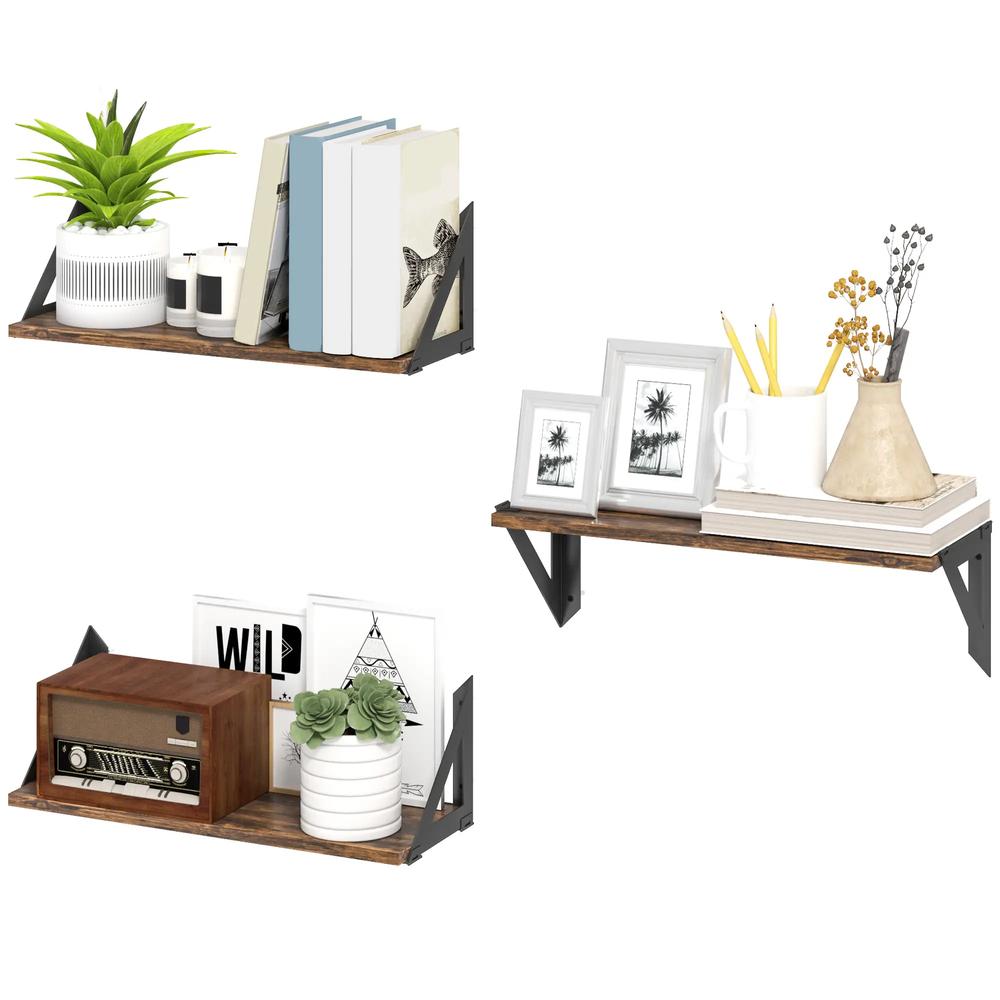 HOMCOM Set of 3 Wall Shelves, 43cm Vintage Wall Mounted Floating Shelves for Living Room, Entryway, Bedroom, Rustic Brown Additional View 11