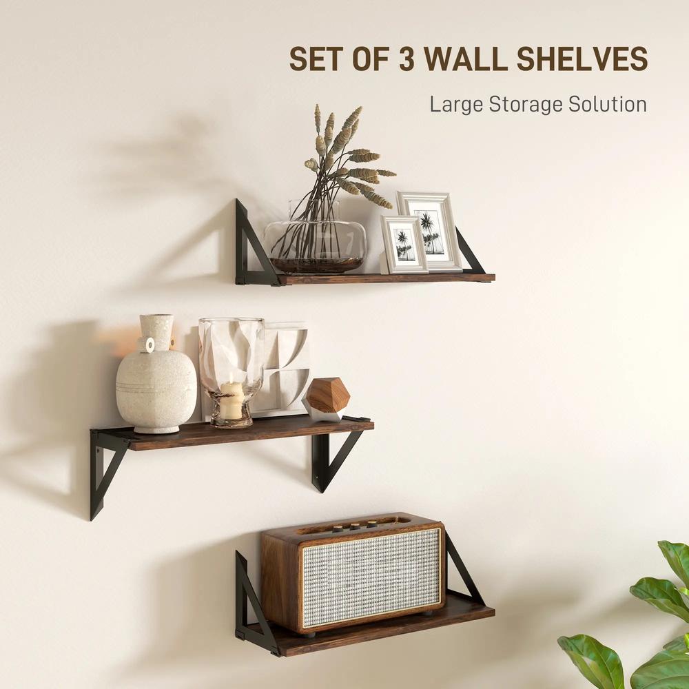 HOMCOM Set of 3 Wall Shelves, 43cm Vintage Wall Mounted Floating Shelves for Living Room, Entryway, Bedroom, Rustic Brown Additional View 4
