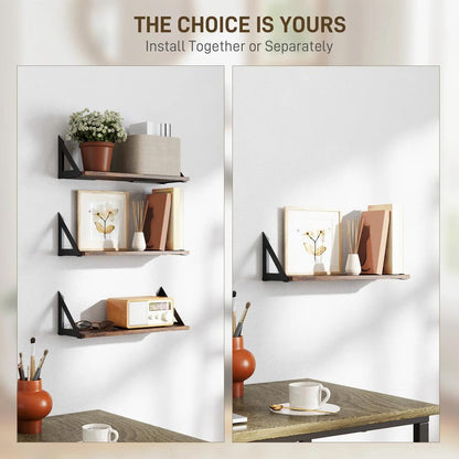 HOMCOM Set of 3 Wall Shelves, 43cm Vintage Wall Mounted Floating Shelves for Living Room, Entryway, Bedroom, Rustic Brown Additional View 5