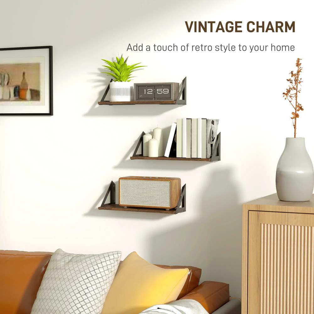 HOMCOM Set of 3 Wall Shelves, 43cm Vintage Wall Mounted Floating Shelves for Living Room, Entryway, Bedroom, Rustic Brown Additional View 6