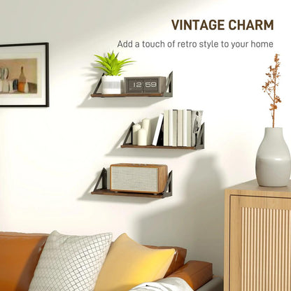 HOMCOM Set of 3 Wall Shelves, 43cm Vintage Wall Mounted Floating Shelves for Living Room, Entryway, Bedroom, Rustic Brown Additional View 6