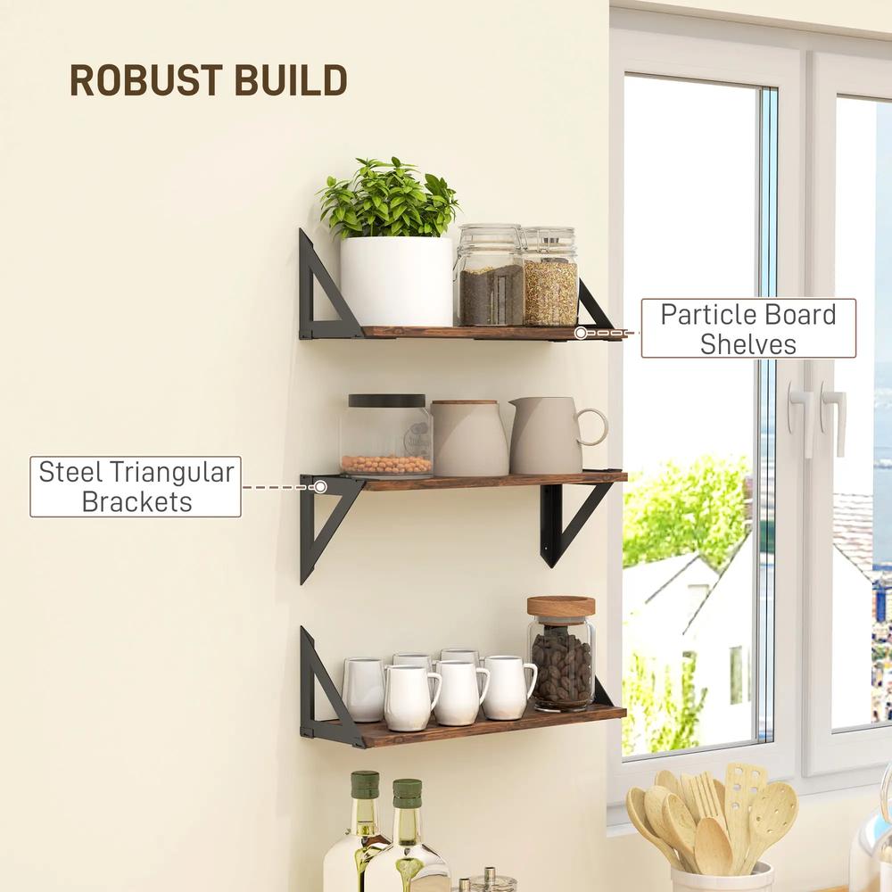HOMCOM Set of 3 Wall Shelves, 43cm Vintage Wall Mounted Floating Shelves for Living Room, Entryway, Bedroom, Rustic Brown Additional View 7