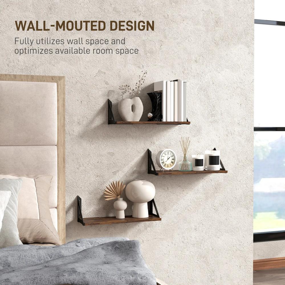 HOMCOM Set of 3 Wall Shelves, 43cm Vintage Wall Mounted Floating Shelves for Living Room, Entryway, Bedroom, Rustic Brown Additional View 8
