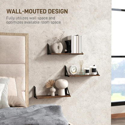 HOMCOM Set of 3 Wall Shelves, 43cm Vintage Wall Mounted Floating Shelves for Living Room, Entryway, Bedroom, Rustic Brown Additional View 8