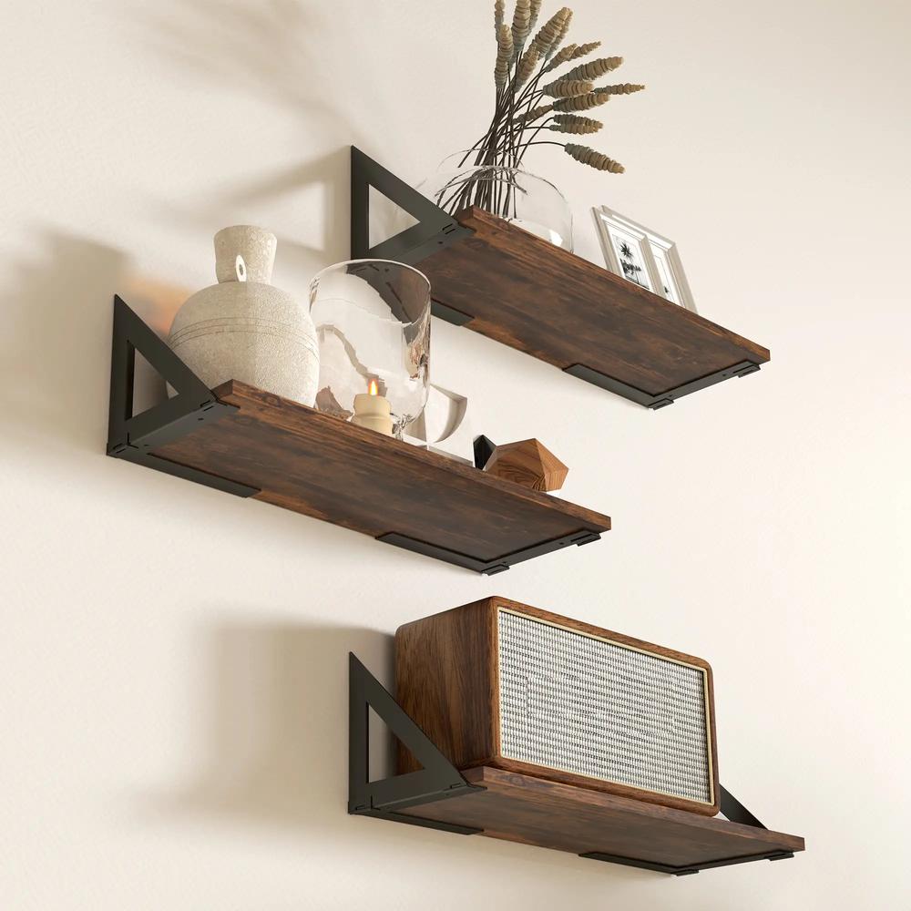HOMCOM Set of 3 Wall Shelves, 43cm Vintage Wall Mounted Floating Shelves for Living Room, Entryway, Bedroom, Rustic Brown Additional View 9