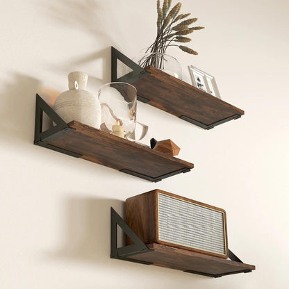 HOMCOM Set of 3 Wall Shelves, 43cm Vintage Wall Mounted Floating Shelves for Living Room, Entryway, Bedroom, Rustic Brown Additional View 9