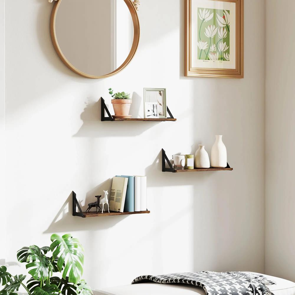 HOMCOM Set of 3 Wall Shelves, 43cm Vintage Wall Mounted Floating Shelves for Living Room, Entryway, Bedroom, Rustic Brown Additional View 10