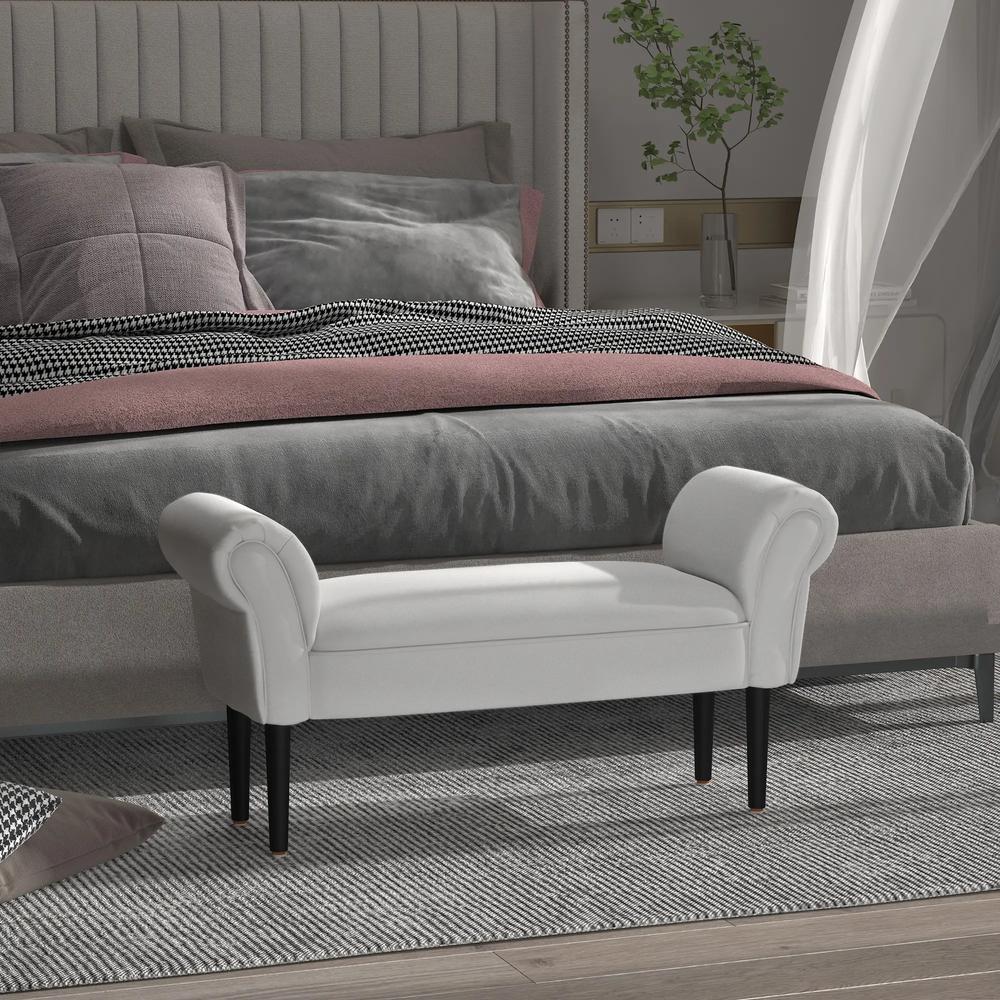 HOMCOM End of Bed Bench, Upholstered Window Seat with Arms and Wooden Legs, Modern Shoe Bench for Entryway, Living Room, Bedroom, Greyish White Additional View 2