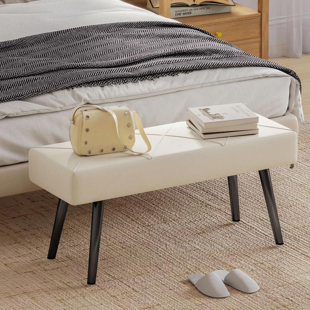 HOMCOM Upholstered Hallway Bench, End of Bed Bench with X-Shape Design and Steel Legs, Cream Additional View 2