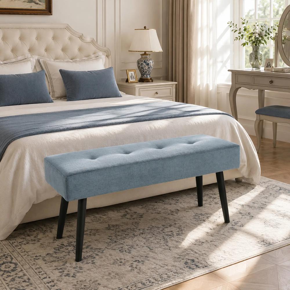 HOMCOM Upholstered Bedroom Entryway Bench, Modern Corduroy Tufted End of Bed Bench with Padded Seat and Steel Legs, Blue Additional View 2