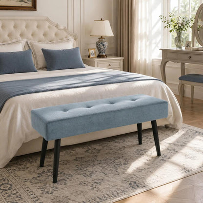 HOMCOM Upholstered Bedroom Entryway Bench, Modern Corduroy Tufted End of Bed Bench with Padded Seat and Steel Legs, Blue Additional View 2