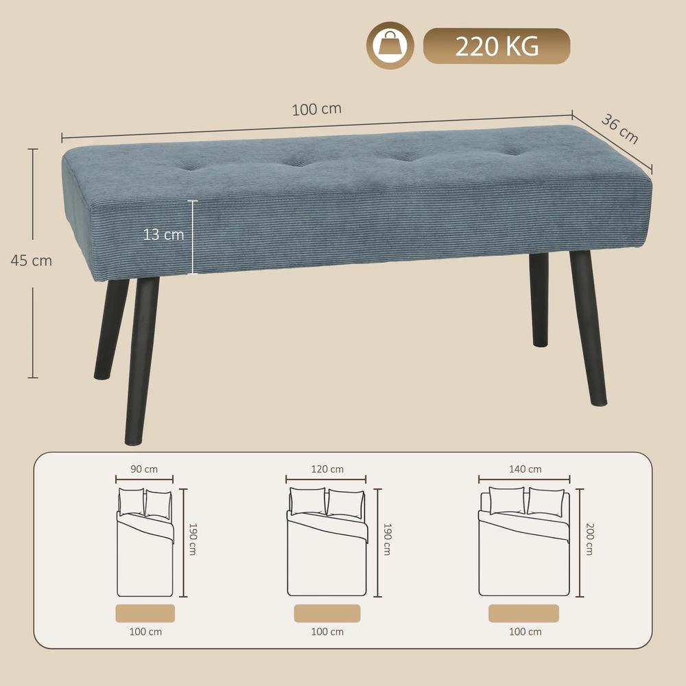 HOMCOM Upholstered Bedroom Entryway Bench, Modern Corduroy Tufted End of Bed Bench with Padded Seat and Steel Legs, Blue Additional View 3