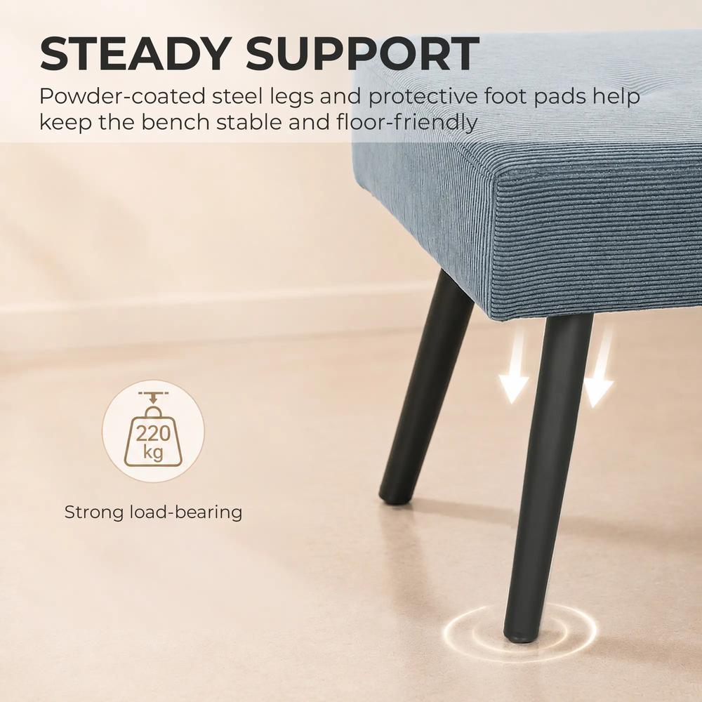 HOMCOM Upholstered Bedroom Entryway Bench, Modern Corduroy Tufted End of Bed Bench with Padded Seat and Steel Legs, Blue Additional View 6