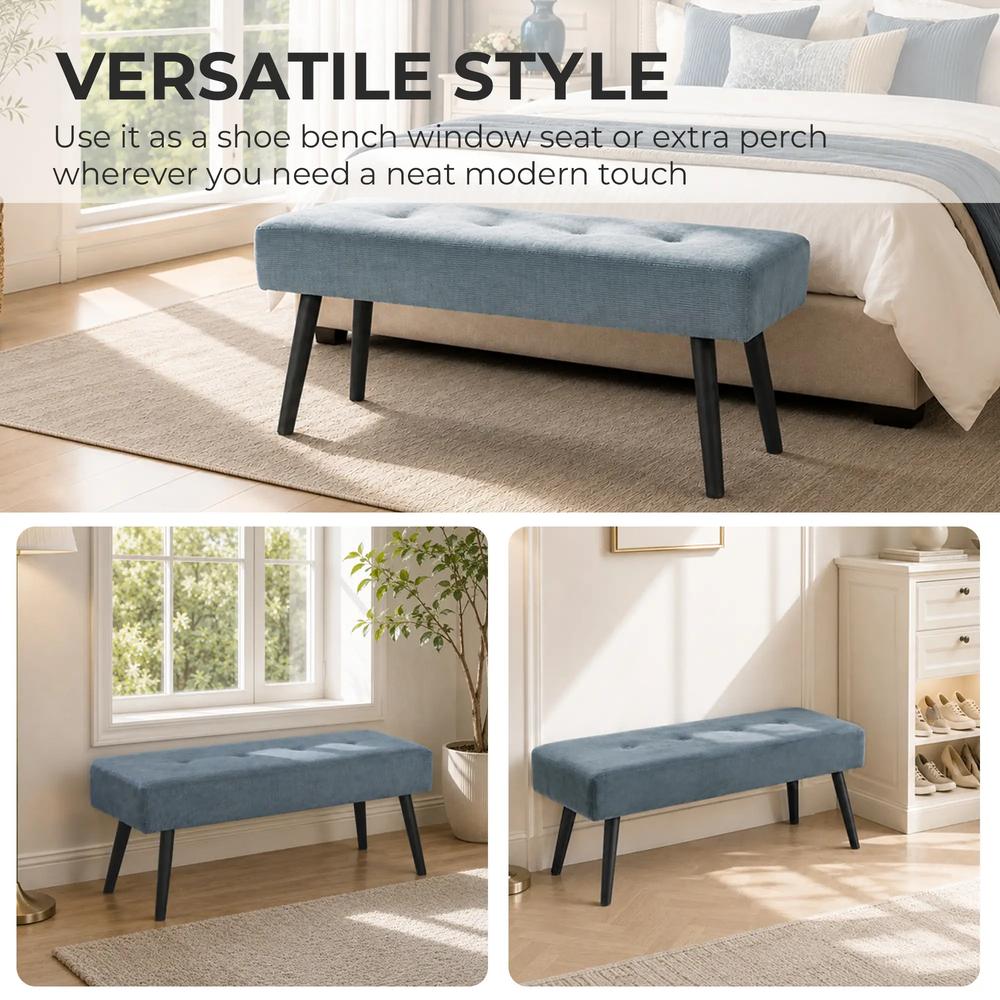 HOMCOM Upholstered Bedroom Entryway Bench, Modern Corduroy Tufted End of Bed Bench with Padded Seat and Steel Legs, Blue Additional View 7