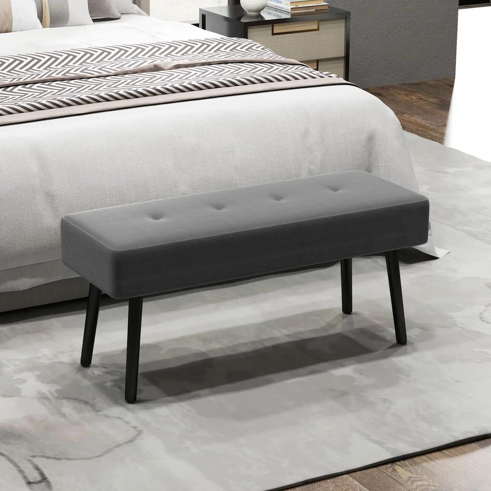 HOMCOM End of Bed Bench, Corduroy Bedroom Bench with Thick Padding and Steel Legs, Tufted Window Seat for Entryway, Living Room, Grey Additional View 2