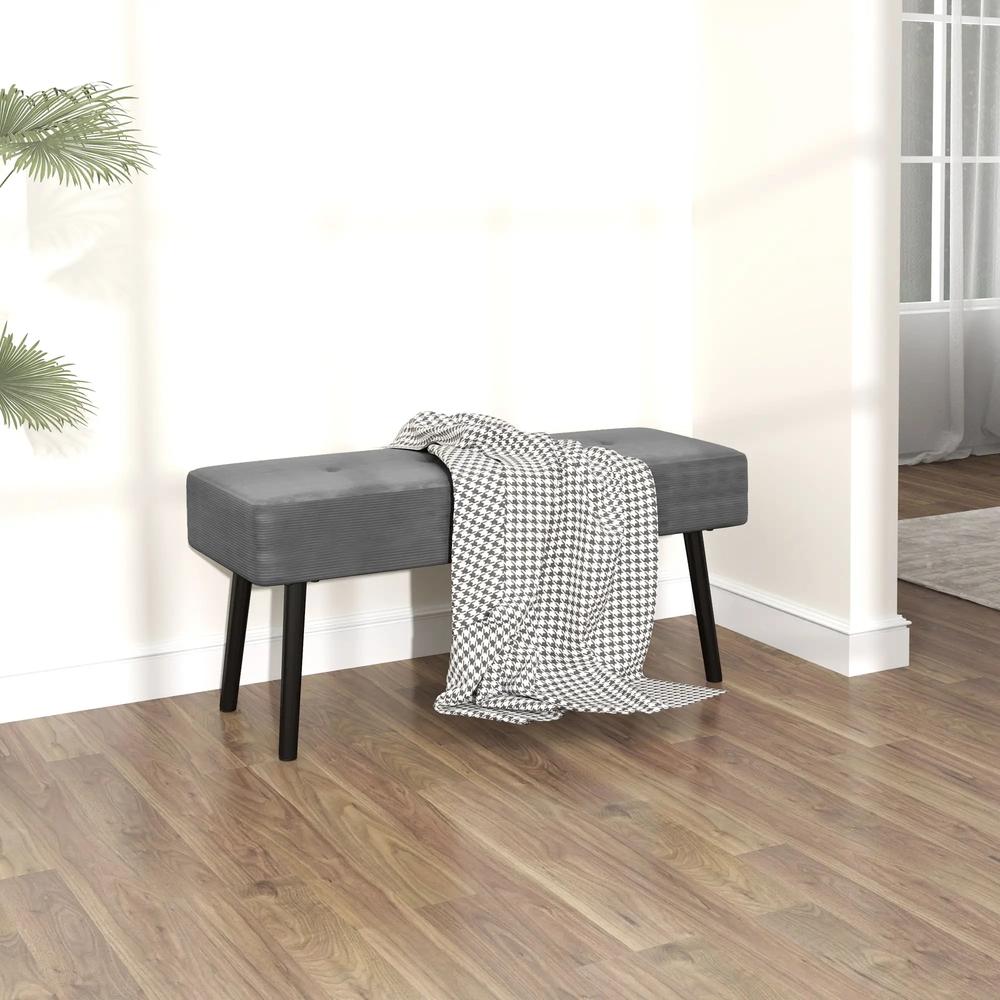 HOMCOM End of Bed Bench, Corduroy Bedroom Bench with Thick Padding and Steel Legs, Tufted Window Seat for Entryway, Living Room, Grey Additional View 7