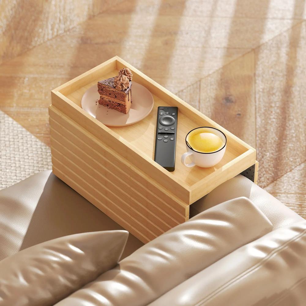 HOMCOM Bamboo Sofa Arm Tray, Foldable Anti-Slip Armrest Tray for Drinks and Snacks, Natural Wood Finish Additional View 2